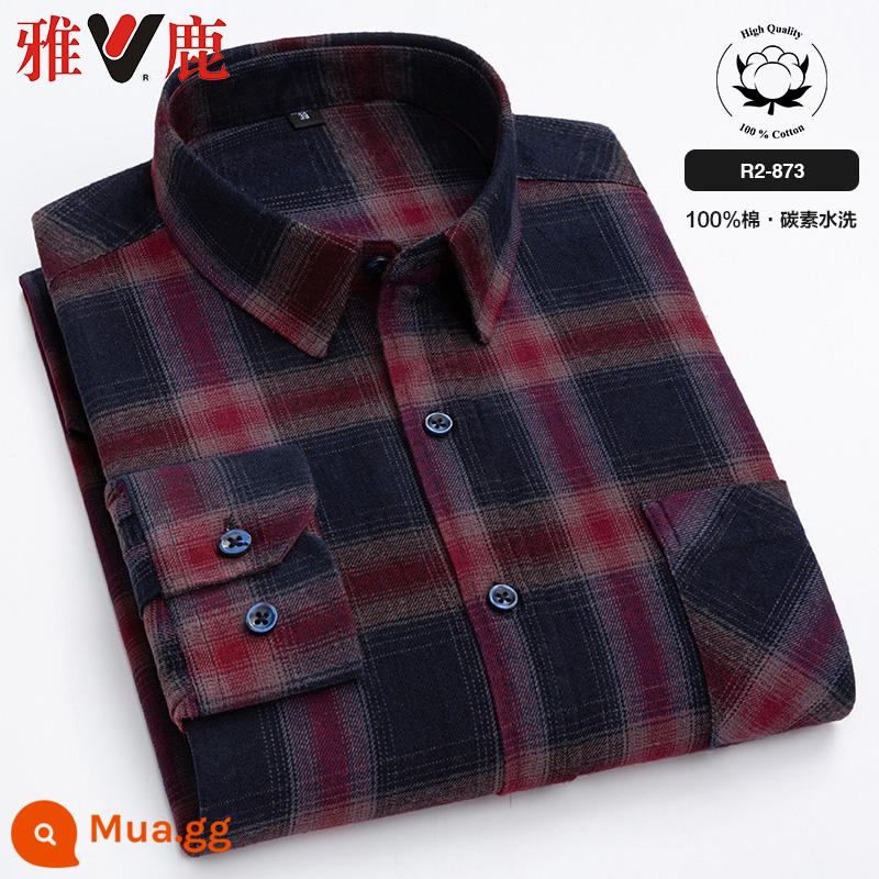 Yalu 100% cotton chải sơ mi nam dài tay mùa xuân 2023 quần áo mới của cha áo sơ mi cotton kẻ sọc mùa xuân và mùa thu - R2-873