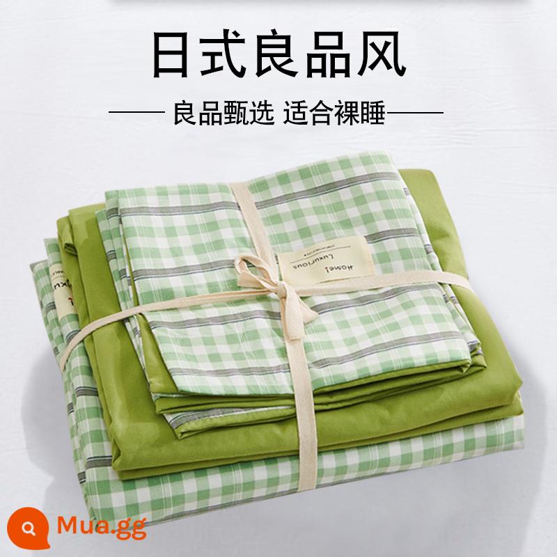 Bộ 4 mùa hè nguyên chất giặt sạch cotton chăn ga gối vỏ chăn chải 2 học sinh 3 ký túc xá giường đơn 3 món - lưới xanh xanh