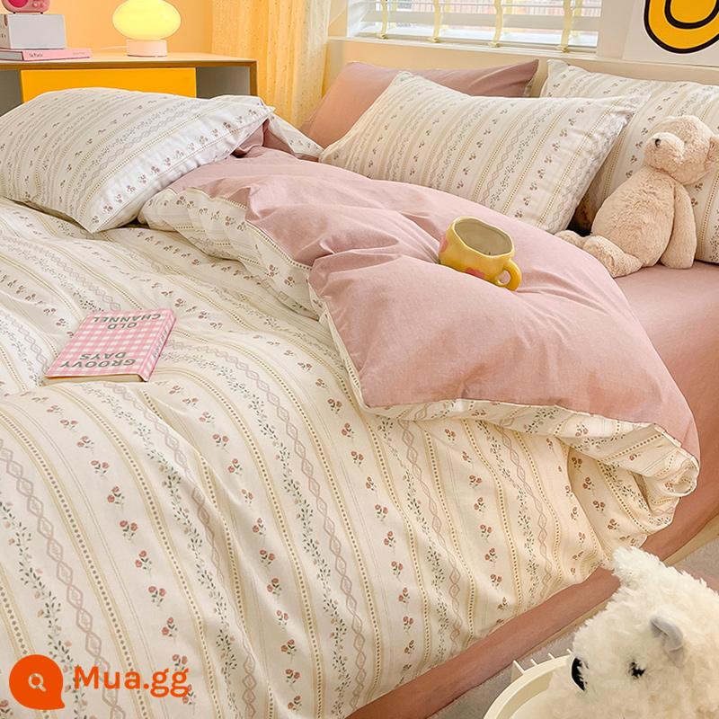 Bộ 4 Cotton Nguyên Chất 100 Bộ Chăn Ga Giường Vỏ Chăn Mùa Hè 3 Học Sinh 4 Ký Túc Xá Giường Đơn 3 Bộ - hoa anh đào lãng mạn