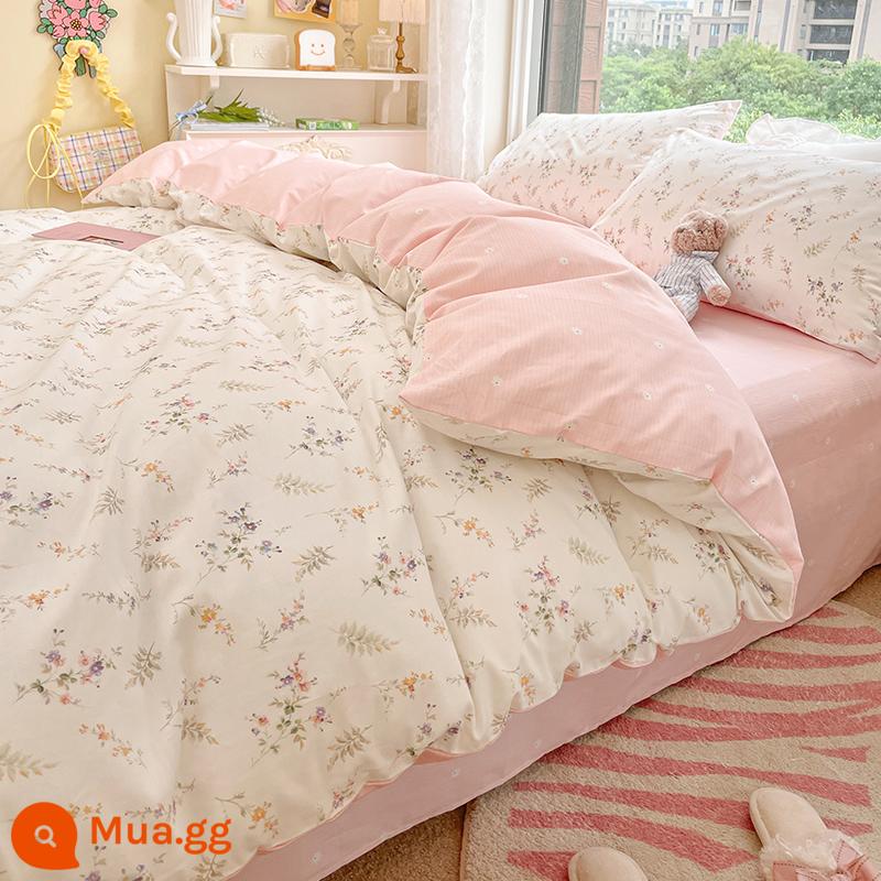 Bộ 4 Cotton Nguyên Chất 100 Bộ Chăn Ga Giường Vỏ Chăn Mùa Hè 3 Học Sinh 4 Ký Túc Xá Giường Đơn 3 Bộ - sức sống nữ tính màu hồng