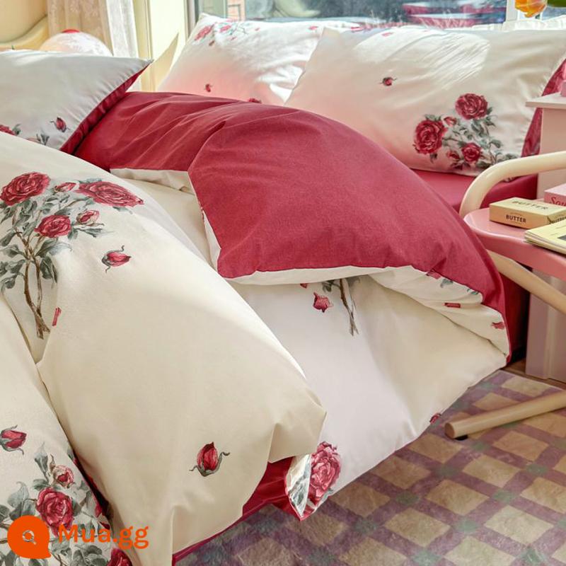 Bộ 4 Cotton Nguyên Chất 100 Bộ Chăn Ga Giường Vỏ Chăn Mùa Hè 3 Học Sinh 4 Ký Túc Xá Giường Đơn 3 Bộ - Hoa hồng đỏ