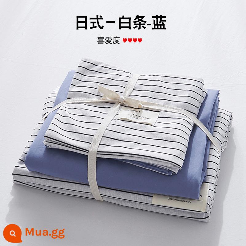 Bộ 4 mùa hè nguyên chất giặt sạch cotton chăn ga gối vỏ chăn chải 2 học sinh 3 ký túc xá giường đơn 3 món - sọc xanh trắng