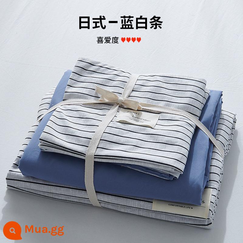 Bộ 4 bộ chăn ga gối cotton nguyên chất ga trải giường vỏ chăn chần gòn 2 học sinh 3 ký túc xá giường đơn 3 món - Sọc trắng xanh