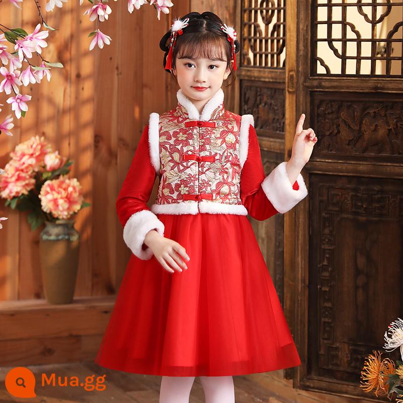 Giải phóng mặt bằng Cô gái mùa thu và mùa đông Hanfu Quần áo trẻ em Quần áo đêm giao thừa cho trẻ em Váy kiểu Trung Quốc Bộ đồ đường năm mới Váy mùa đông - Bộ đồ nhung đỏ 485