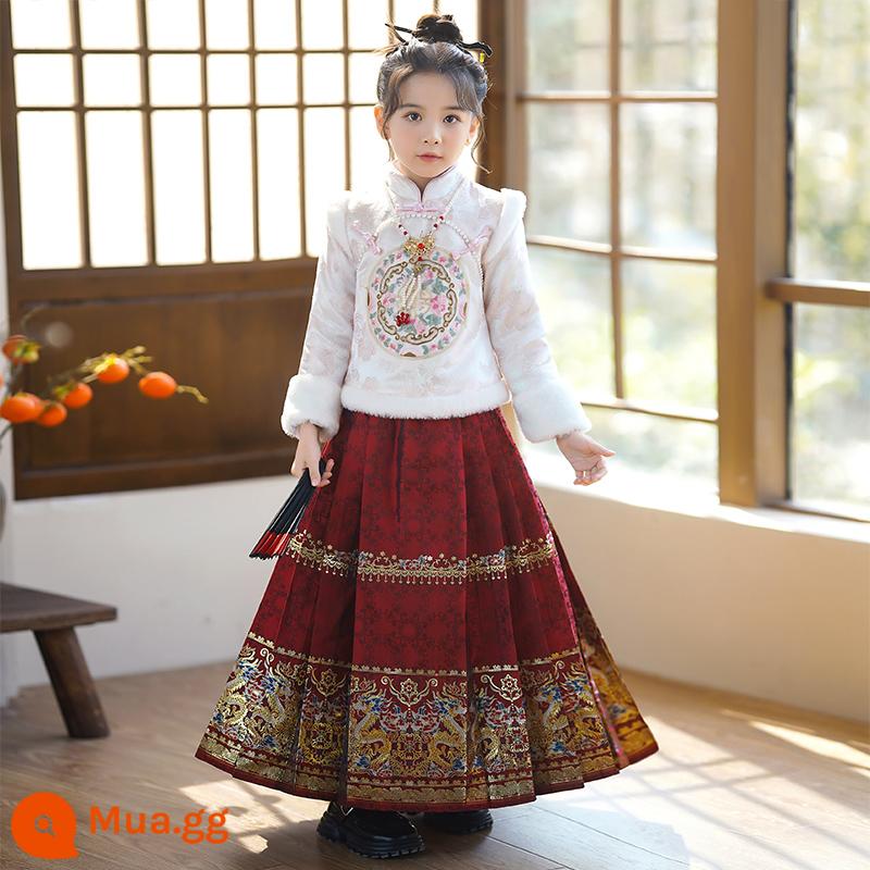 Bé Gái Hanfu Mặt Ngựa Bộ Đồ Váy Mùa Đông 2023 Mới Cho Bé Gái Phong Cách Thu Đông Plus Nhung Trẻ Em Phong Cách Trung Hoa Quần Áo Năm Mới - Bộ đồ màu hồng [áo + váy ngựa in]