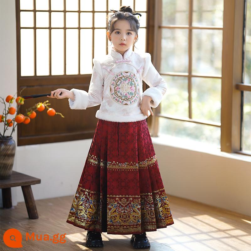 Bé Gái Hanfu Mặt Ngựa Bộ Đồ Váy Mùa Đông 2023 Mới Cho Bé Gái Phong Cách Thu Đông Plus Nhung Trẻ Em Phong Cách Trung Hoa Quần Áo Năm Mới - Áo 2981 + váy ngựa nhung gấm 2982