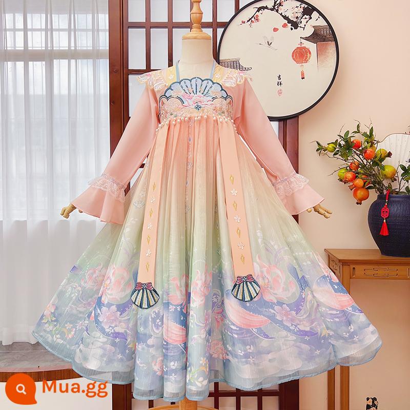 Hanfu Bé Gái Phong Cách Mùa Hè 2023 Mới Cổ Đầm Bé Gái Đường Phù Hợp Với Trẻ Em Siêu Tiên Cổ Trang Phục Váy Mùa Hè - tay áo dài màu hồng