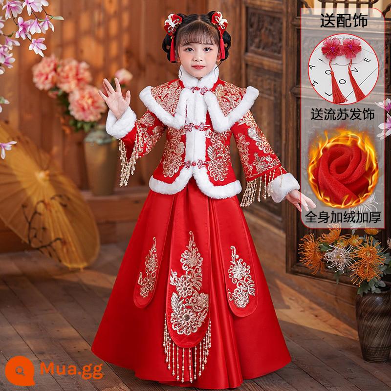 Hanfu bé gái Quần áo năm mới Trang phục cổ phong cách Trung Quốc mùa đông Bộ đồ trẻ em năm mới Bộ đồ nhà Đường Chúc mừng năm mới Quần áo mùa đông dày dặn của bé gái - SL2616 chần và dày [phụ kiện tóc tua rua miễn phí]