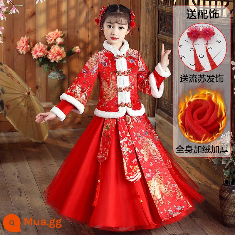 Đầm Hanfu Nữ Năm Mới 2022 Màu Đỏ Thu Đông Bộ Đồ Trẻ Em Váy Công Chúa Plus Nhung Năm Mới - 8940 plus nhung và dày [phụ kiện tóc tua rua miễn phí]