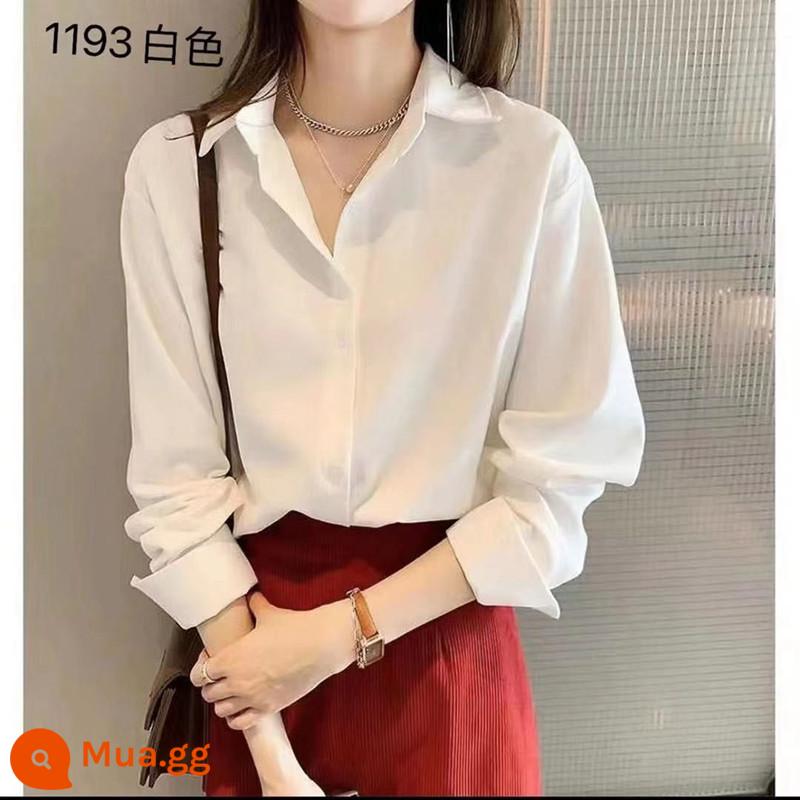 Sơ mi lụa satin cao cấp dài tay cardigan nữ mùa xuân và mùa thu mới cổ áo POLO khí chất sơ mi rời đơn giản - Trắng