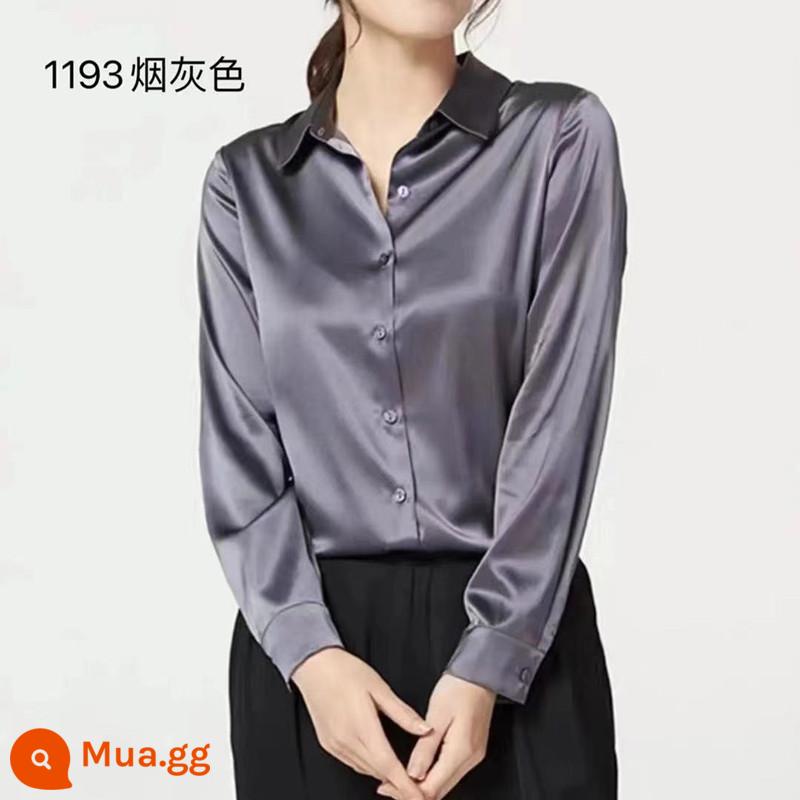 Sơ mi lụa satin cao cấp dài tay cardigan nữ mùa xuân và mùa thu mới cổ áo POLO khí chất sơ mi rời đơn giản - xám khói