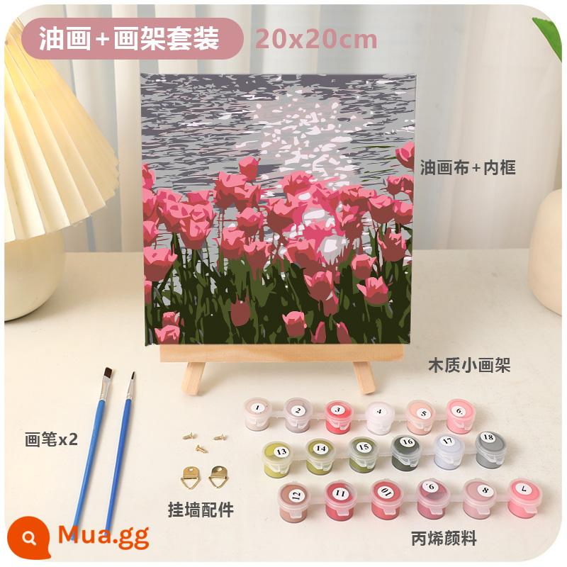 Làm thủ công tự làm sơn dầu kỹ thuật số tulip sơn acrylic điền màu sơn dầu kết cấu sơn món quà sinh nhật năm mới - Biển hoa lấp lánh (20X20cm) + giá vẽ