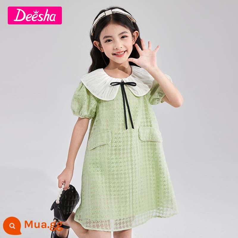 Váy bé gái chính thức của Disha Váy mùa hè 2023 cho trẻ em váy organza houndstooth tươi phong cách nước ngoài - sương mù buổi sáng màu xanh lá cây