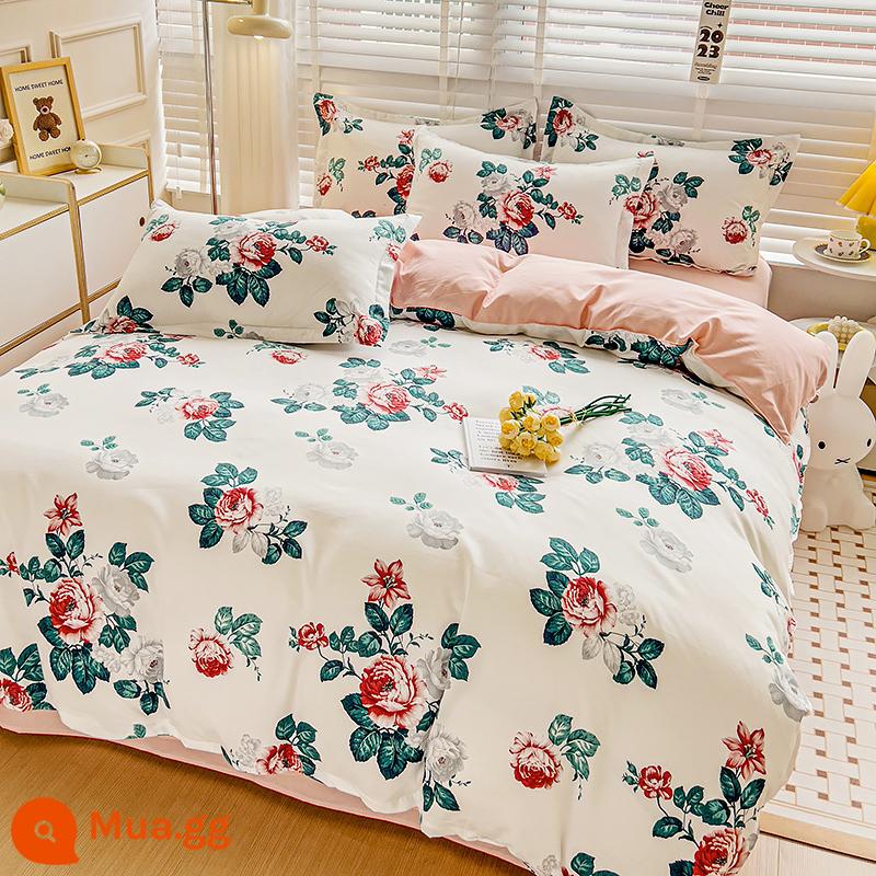 Ins cotton nguyên chất 4 mảnh 100 cotton chăn ga gối nữ ga trải giường 1.8 đơn và đôi vỏ chăn Bộ 4 chà nhám - phong cách Pháp