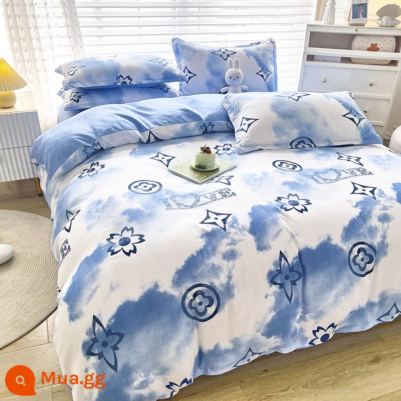 Ins cotton nguyên chất 4 mảnh 100 cotton chăn ga gối nữ ga trải giường 1.8 đơn và đôi vỏ chăn Bộ 4 chà nhám - trời xanh