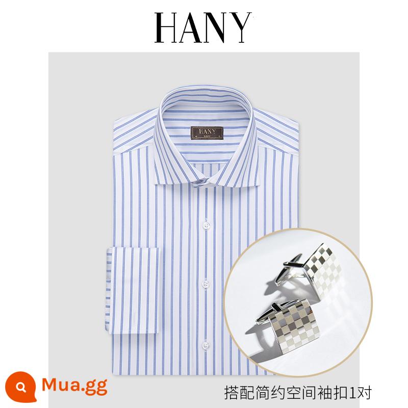 HANY Pháp áo sơ mi trắng nam dài tay không có sắt kinh doanh đám cưới trang trọng phù hợp với nam phù hợp với Pháp tay áo khuy măng sét áo sơ mi - Sọc Massena xanh [Sọc cổ Windsor]