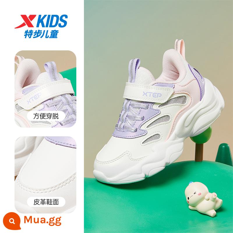 Giày Nữ Xtep 2023 Mới Xuân Thu Lưới Trẻ Em Giày Thể Thao Velcro Giảm Sốc Giày Thường - Mặt da Sail White/Taro tím