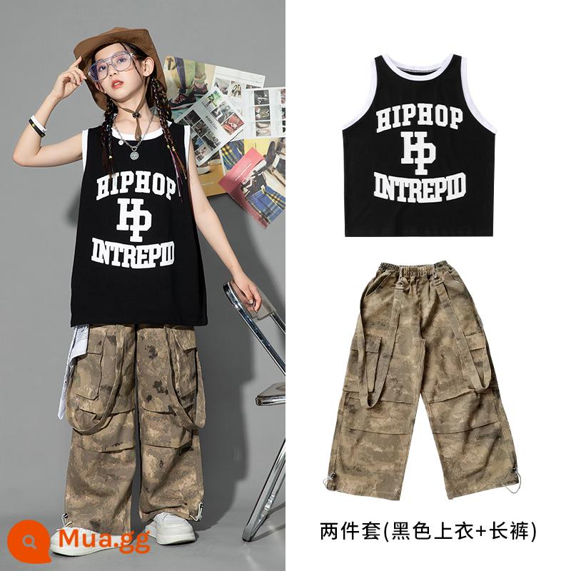 Trẻ Em Nhảy Đường Phố Triều Bộ Đồ Phù Hợp Với Hiphop Trẻ Em Sàn Diễn Áo Ngụy Trang Áo Liền Quần Bé Gái Jazz Khiêu Vũ Quần Áo - Bộ đồ hai mảnh (áo đen + quần)