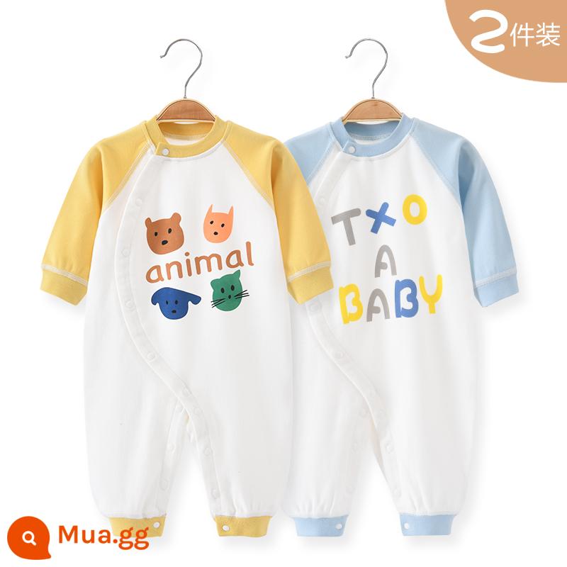 Áo Liền Quần Cho Bé Quần Áo Sơ Sinh Bộ Đồ Ngủ Cotton Thu Xuân Phù Hợp Với Nam Nữ Cho Bé Quần Áo Mùa Thu Quần Áo Liền Quần Liền Quần - Con vật màu vàng + chữ màu xanh (Xuân Thu)