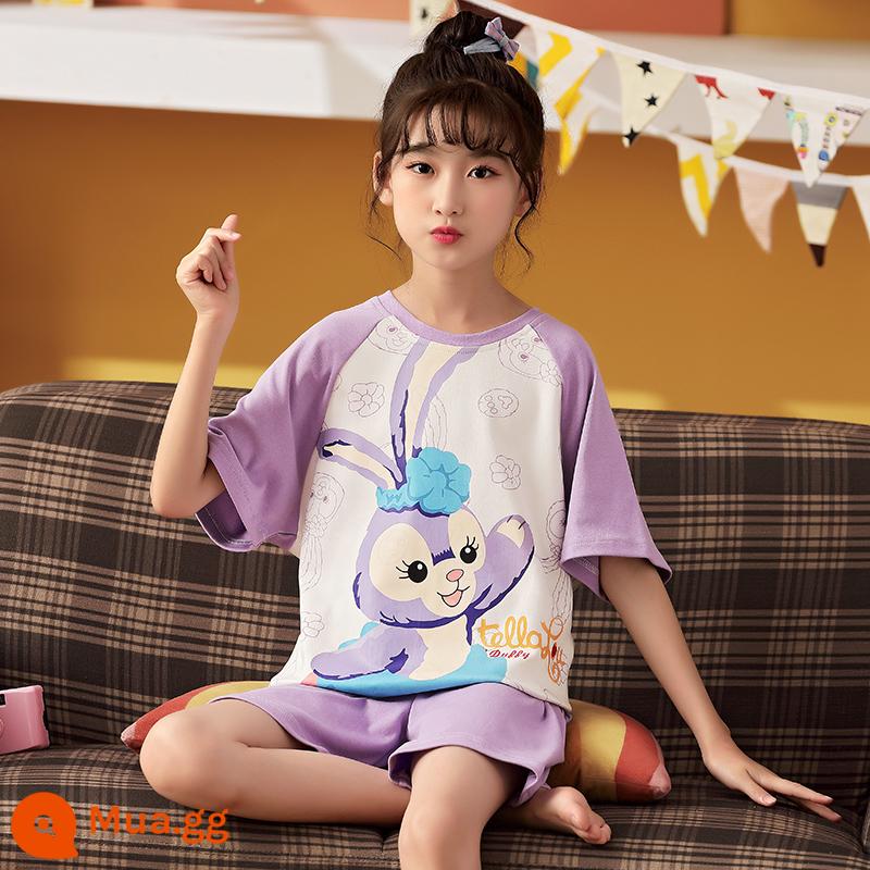 Bộ đồ ngủ bé gái mùa hè ngắn tay bằng cotton mỏng dành cho trẻ em trung niên trở lên siêu dễ thương Bộ quần áo mặc ở nhà công chúa gió và cổ tích cho bé gái - Thỏ Tím [bộ đơn]