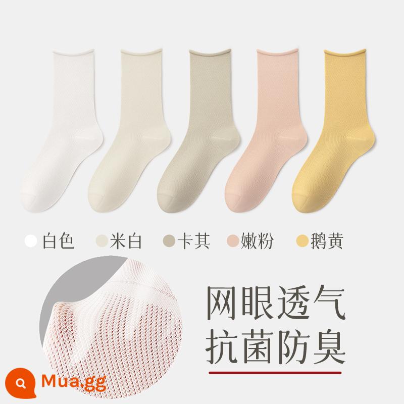 Vớ nữ mùa hè vớ bong bóng mỏng sợi cotton nguyên chất thấm hút mồ hôi mùa hè vớ lưới thoáng khí vớ ống giữa dành cho nữ - Kết hợp tám (vàng ngỗng + hồng nhạt + kaki + trắng nhạt + trắng)