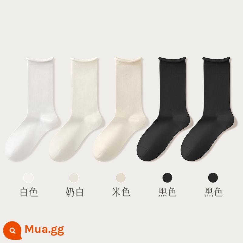 Tất nữ tất bong bóng mùa thu đông nữ cotton nguyên chất kháng khuẩn giày lười dài dày không xương xuân thu tất trắng đến giữa bắp chân nữ - Kết hợp bốn (trắng + trắng sữa + be + 2 đen)