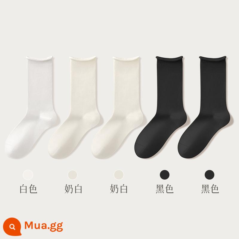 Tất nữ tất bong bóng mùa thu đông nữ cotton nguyên chất kháng khuẩn giày lười dài dày không xương xuân thu tất trắng đến giữa bắp chân nữ - Kết hợp năm (trắng + 2 trắng sữa + 2 đen)