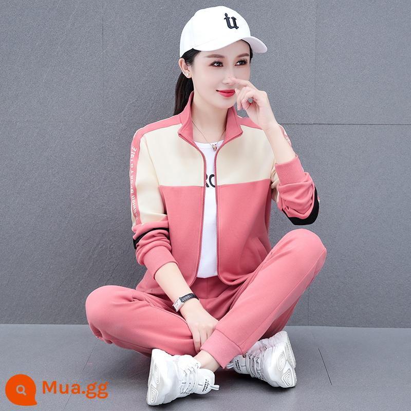 Cardigan phong cách phương Tây trang phục thể thao phù hợp với nữ thời trang mùa xuân và mùa thu 2023 Áo thun dày rộng nhảy múa giản dị chạy ba mảnh phù hợp với - Màu hồng (bộ 2 món)