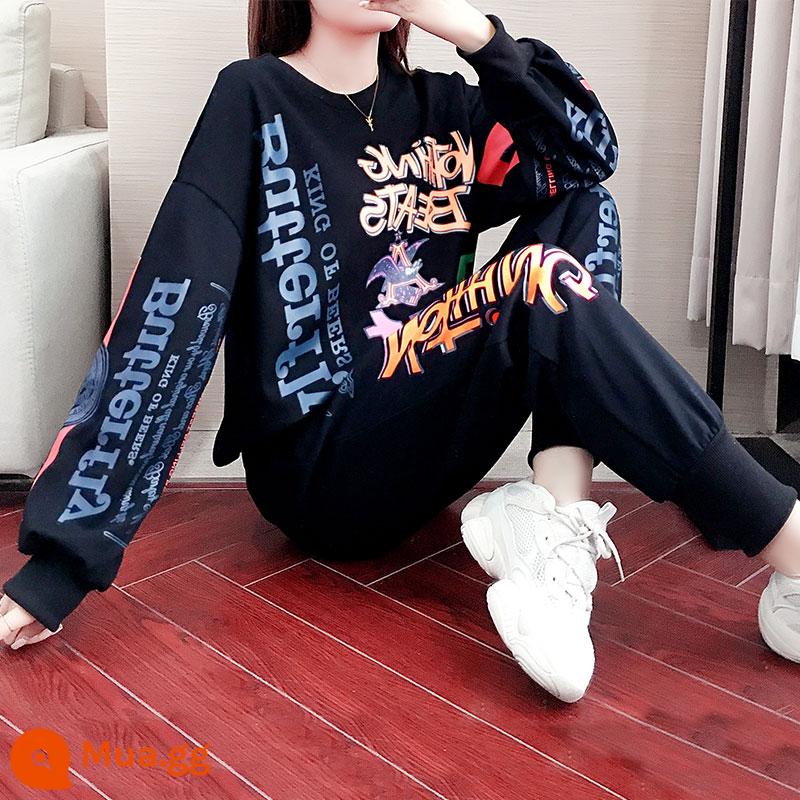 Hip -hop Sportswear Set Nữ 2022 Spring and Autumn Tide Giảm thời trang áo len lỏng lẻo, hai bộ trường học mỏng - Áo thun cotton dày màu đen + quần đen