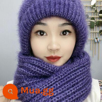 Mũ và khăn quàng đỏ lưới một cơn gió dày và tuyết mùa thu và mùa đông len cashmere mới đan mũ Bao Đầu ấm áp của phụ nữ mua sắm - Màu tím