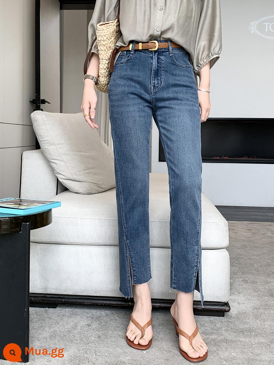 Chị K KSOEUR [Quần tất phù hợp] Quần jean denim cạp cao co giãn không đều - Bán trước màu xanh 20 ngày làm việc