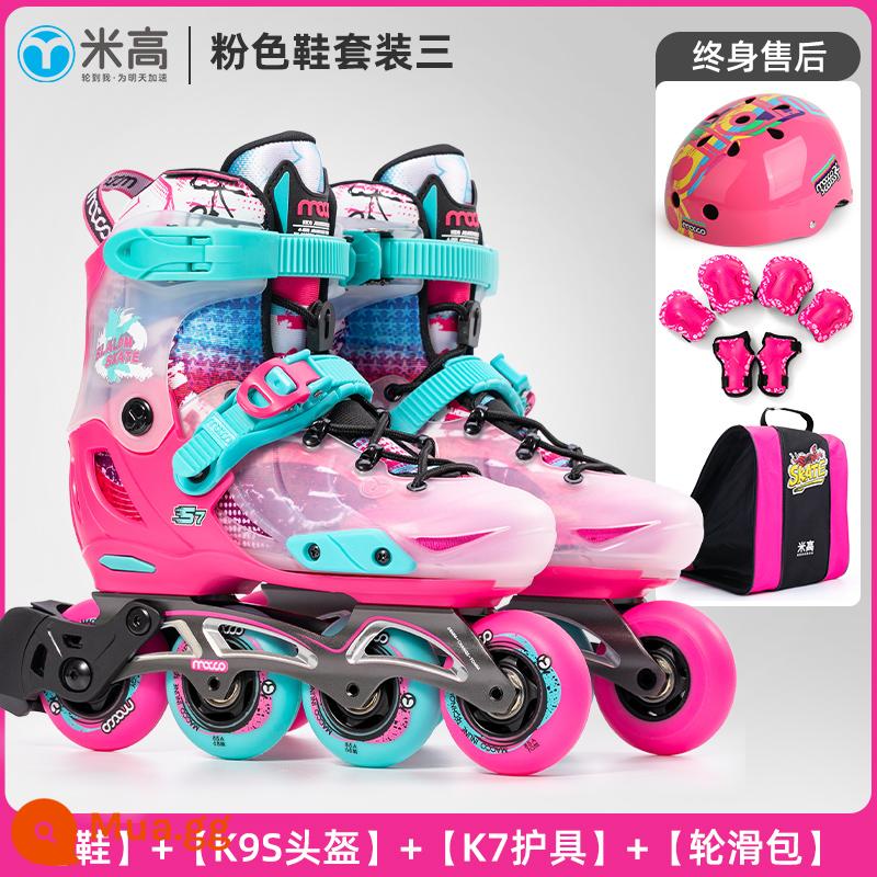 MI Gao chuyên nghiệp Trẻ em Skate Skate Skate Fancy Skates Skate Skates Floating Flower Shoes Wheel Wheel Wheel Row Wheel S7 - Sự kiện-Bộ đồ hồng 3 (Mũ bảo hiểm K9S + Bộ bảo vệ K7)