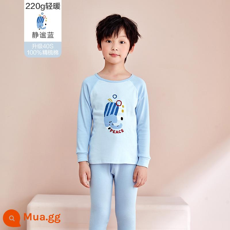 Quần áo mùa thu và quần vệ sinh trẻ em Hongdou Quần cotton nguyên chất cho bé trai và bé gái Quần áo và quần cotton sưởi ấm cho bộ đồ ngủ lớn cho trẻ em Áo len cotton - DN607 Boys-Quiet Blue (Cổ áo muỗng)