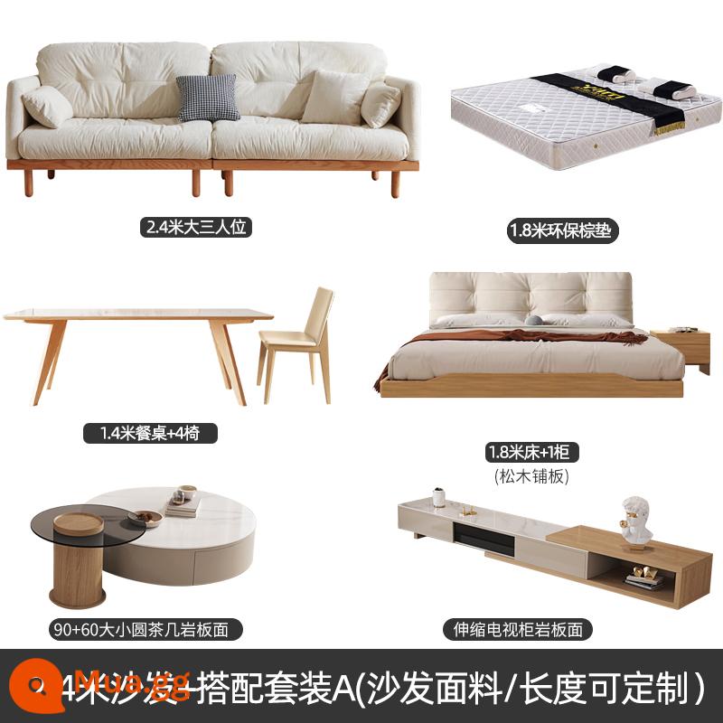 Nội thất gỗ và gió phong cách Nhật Bản gỗ đặc Fengyun sofa phòng khách căn hộ nhỏ ba người màu kem Bắc Âu vải nghệ thuật - Bộ kết hợp ba chỗ ngồi lớn 2,4m A