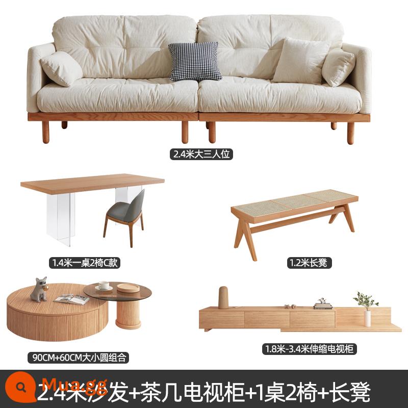 Nội thất gỗ và gió phong cách Nhật Bản gỗ đặc Fengyun sofa phòng khách căn hộ nhỏ ba người màu kem Bắc Âu vải nghệ thuật - Sofa 2,4m + bàn cà phê Tủ tivi 1 bàn 2 ghế băng ghế