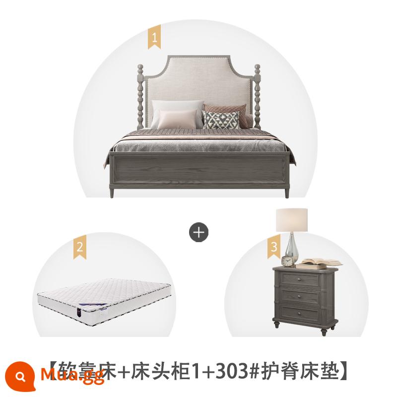 American Light Bed sang trọng Forh Gỗ phòng ngủ chính của người châu Âu -kiểu đôi giường đôi 1,8 mét Căn hộ nhỏ Pháp retro màu xám giường bằng gỗ rắn - Giường lưng mềm + bàn đầu giường 1 + 303# nệm bảo vệ cột sống Ghi chú màu sắc