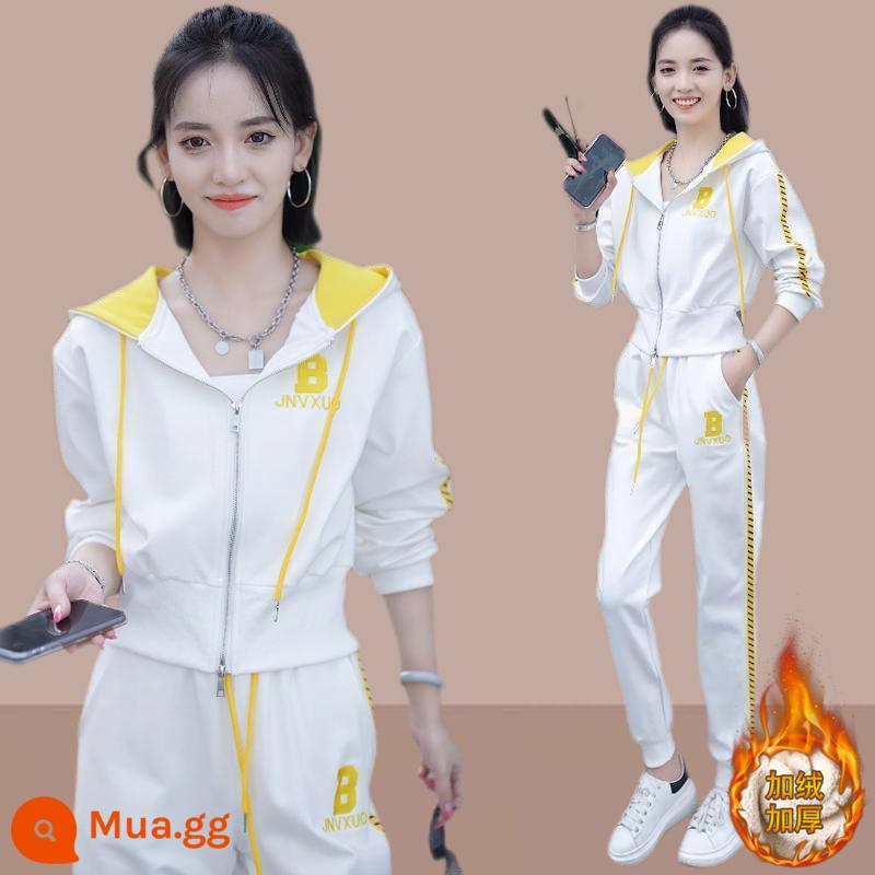 Bộ đồ thể thao thông thường bằng cotton nguyên chất dành cho nữ mùa xuân thu 2023 mới rộng rãi phong cách Hàn Quốc áo nỉ và quần dài có mũ trùm đầu - Thú nhồi bông màu vàng [Bộ hai món]