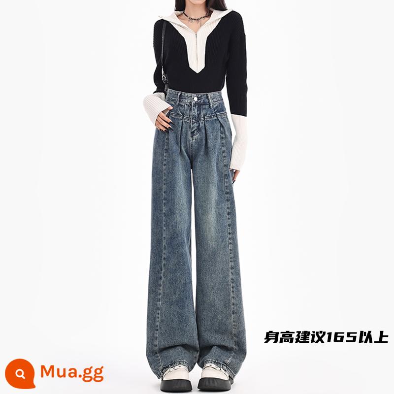 Quần jeans xếp nếp phong cách retro cho nữ phong cách xuân hè lưng cao hot girl ống rộng dáng suông thẳng dài xếp tầng cho hot girl - Màu xanh cổ điển [dài hơn và ngắn hơn]