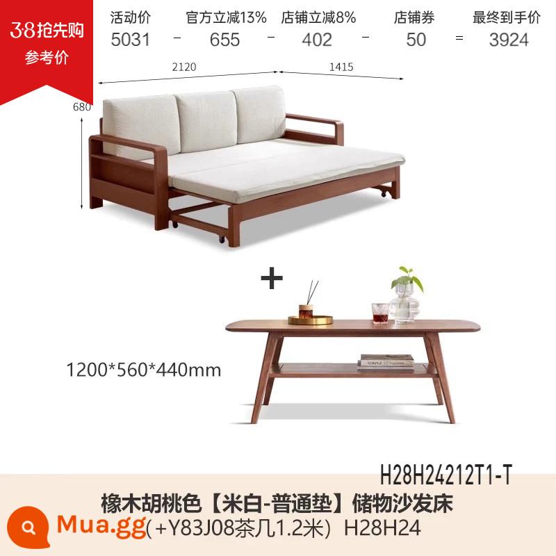 Genji Muyu tất cả các giường sofa gỗ nguyên khối gấp đôi sử dụng đơn giản, hiện đại đa chức năng có thể thu vào giường sofa lưu trữ phòng khách - Gỗ óc chó màu sồi 2,12m (đệm xốp/trắng nhạt) + Bàn cà phê 1,2m (Y83J08) H28H24