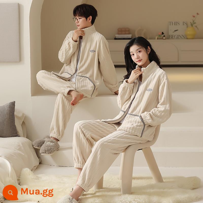 Mùa đông mới cặp đôi đồ ngủ lông cừu san hô dài tay nữ ve áo cardigan nam dày flannel quần áo mặc nhà hai bộ giá - Mẫu cặp đôi AS557118