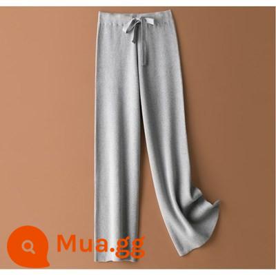 Quần ống rộng dệt kim cashmere cho nữ mùa thu đông co giãn lưng cao xếp nếp quần ống rộng ống rộng len dài lau sàn quần ống đứng - Đai rộng nâng cấp màu xám nhạt