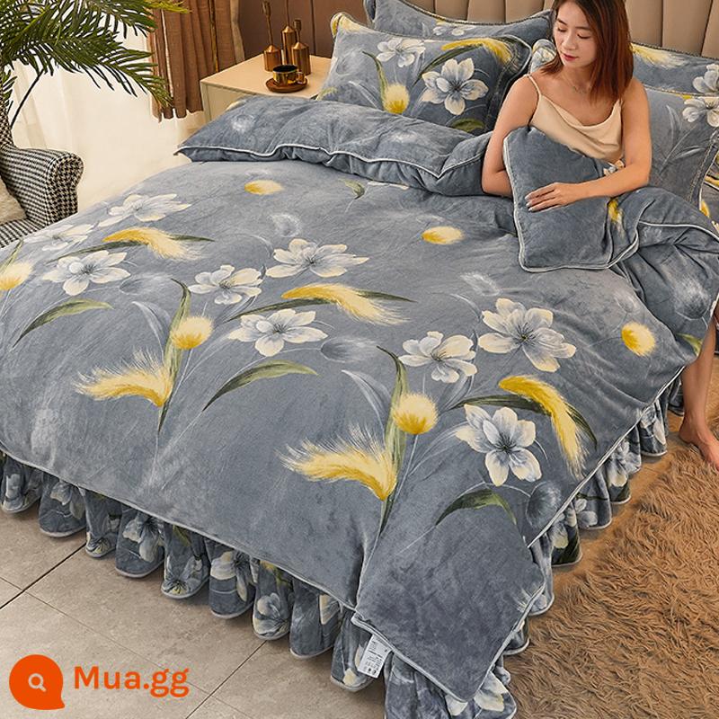 Nhung sữa dày nhung chồn vàng bộ đồ giường nhung san hô nhung Farley flannel bộ bốn mảnh hai mặt cộng với ga trải giường nhung mùa thu và mùa đông - Ấn tượng Paris