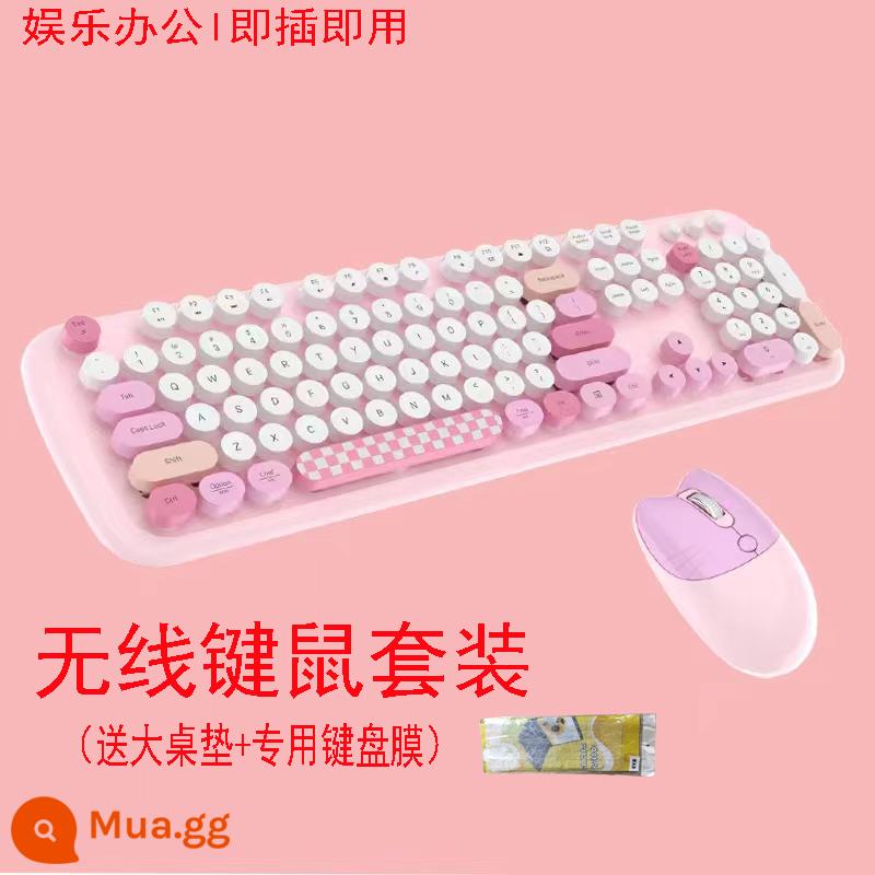 Đu Quay Tay Bộ Bàn Phím Và Chuột Không Dây Tròn Retro Keycap Bé Gái Màu Hồng Dễ Thương Máy Tính Xách Tay Máy Tính Để Bàn USB - [Hồng san hô] Tặng kèm thảm trải bàn lớn, tặng kèm phim + pin