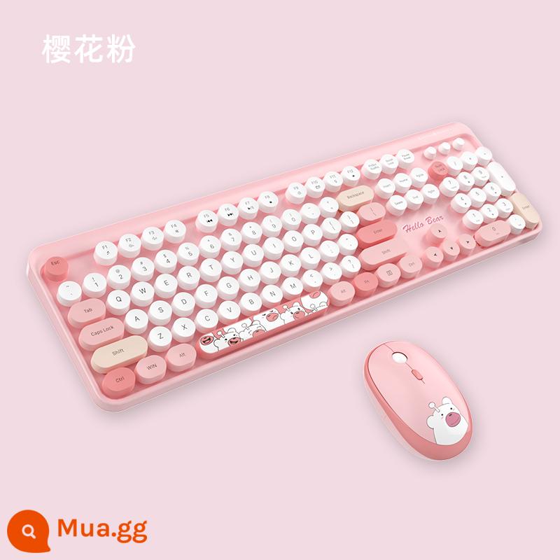 Đu Quay Tay Bộ Bàn Phím Và Chuột Không Dây Tròn Retro Keycap Bé Gái Màu Hồng Dễ Thương Máy Tính Xách Tay Máy Tính Để Bàn USB - Bộ bàn phím và chuột không dây Hello Bear màu hồng hoa anh đào đi kèm màng bàn phím, pin + thảm trải bàn lớn tinh tế