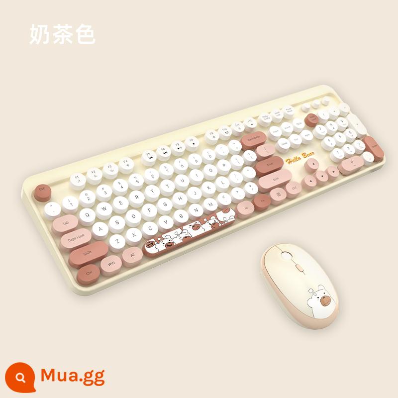 Đu Quay Tay Bộ Bàn Phím Và Chuột Không Dây Tròn Retro Keycap Bé Gái Màu Hồng Dễ Thương Máy Tính Xách Tay Máy Tính Để Bàn USB - Bộ bàn phím và chuột không dây màu trà sữa Hello Bear đi kèm màng bàn phím, pin + thảm trải bàn lớn tinh tế