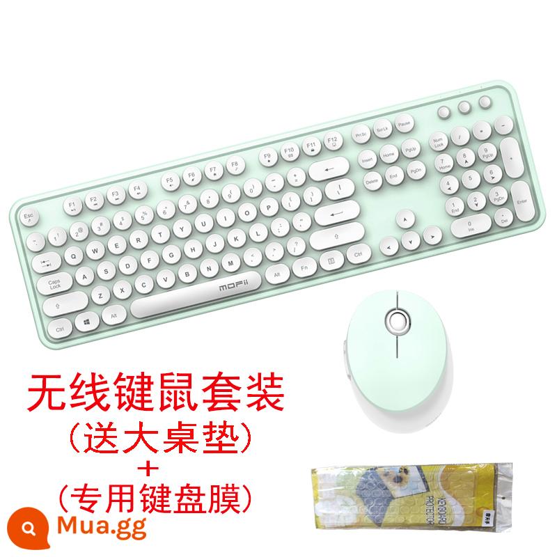 Đu Quay Tay Bộ Bàn Phím Và Chuột Không Dây Tròn Retro Keycap Bé Gái Màu Hồng Dễ Thương Máy Tính Xách Tay Máy Tính Để Bàn USB - Thảm trải bàn lớn màu trắng và xanh + pin + màng bàn phím đặc biệt