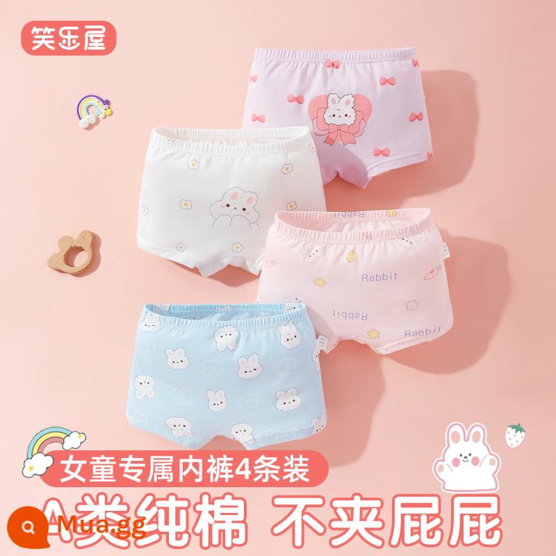 Quần lót boxer cotton nguyên chất cho bé gái bé gái không kẹp xì hơi bé trai lớn quần đùi bé gái bé gái kho báu bằng cotton 100% - Cotton nguyên chất loại A - Nơ thỏ góc phẳng 4 miếng pn349