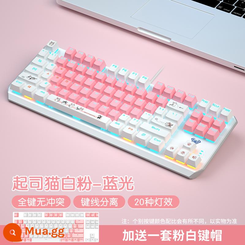 [Chủ đề mèo phô mai] Tarantula Pink Bàn phím cơ 87 phím dành cho nữ văn phòng Green Black Tea Red Axis Gaming Máy tính để bàn Máy tính xách tay Bàn phím có dây bên ngoài mang lại cảm giác nữ tính - Blu-ray phô mai hồng trắng