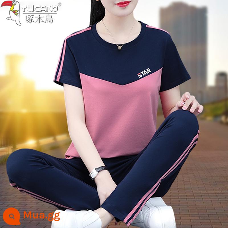 Woodpecker cotton nguyên chất ngắn tay giản dị bộ đồ thể thao nữ mùa hè cỡ lớn thương hiệu nổi tiếng chạy bộ trang phục mẹ trung niên 40 tuổi - Hồng [Quần]