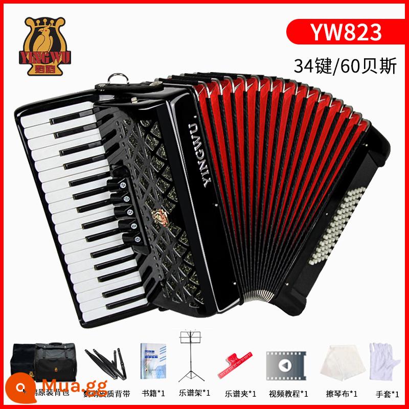 Vẹt đàn accordion nhạc cụ người lớn mới bắt đầu chuyên nghiệp 60/96/120 trẻ em 48 bass chơi đàn accordion - [60 bass 34 phím] YW823 đen + gói quà